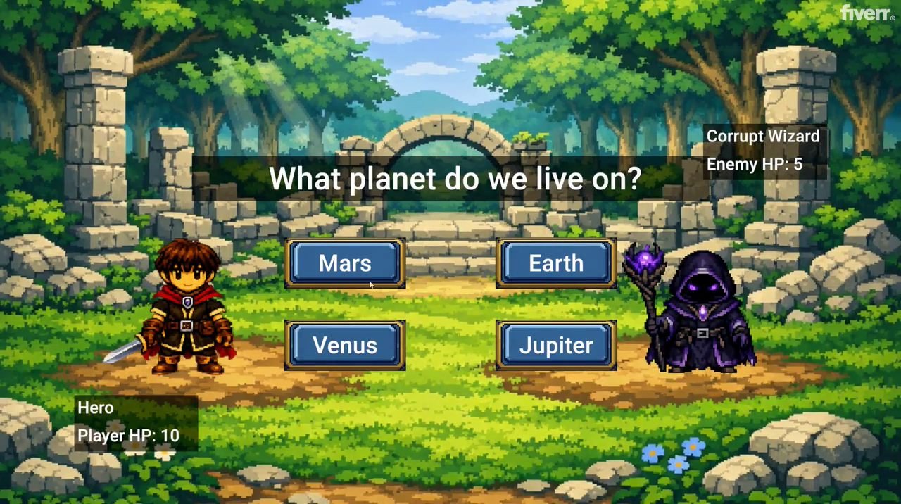 Educational turn-based RPG battle screen with a multiple-choice question and two characters