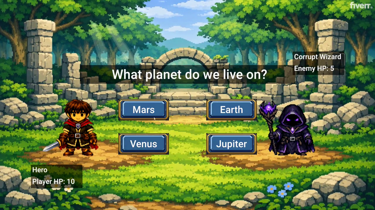 Educational turn-based RPG battle screen with a multiple-choice question and two characters