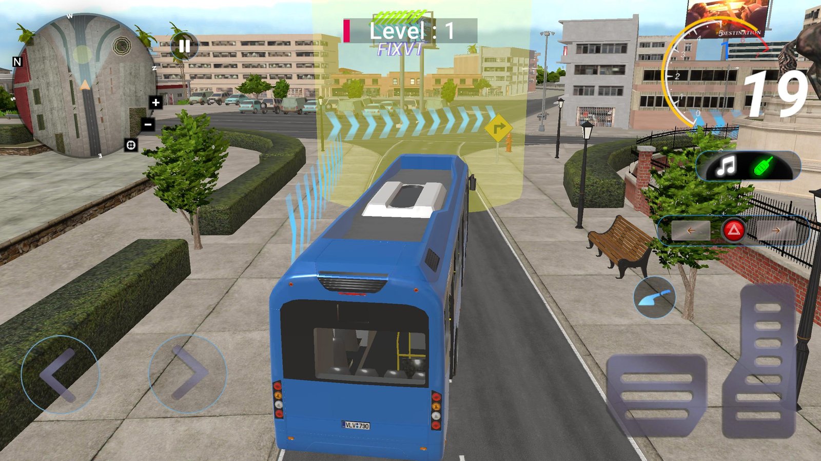 Ultimate Bus Coach Simulator gameplay showing a blue city bus following a guided route